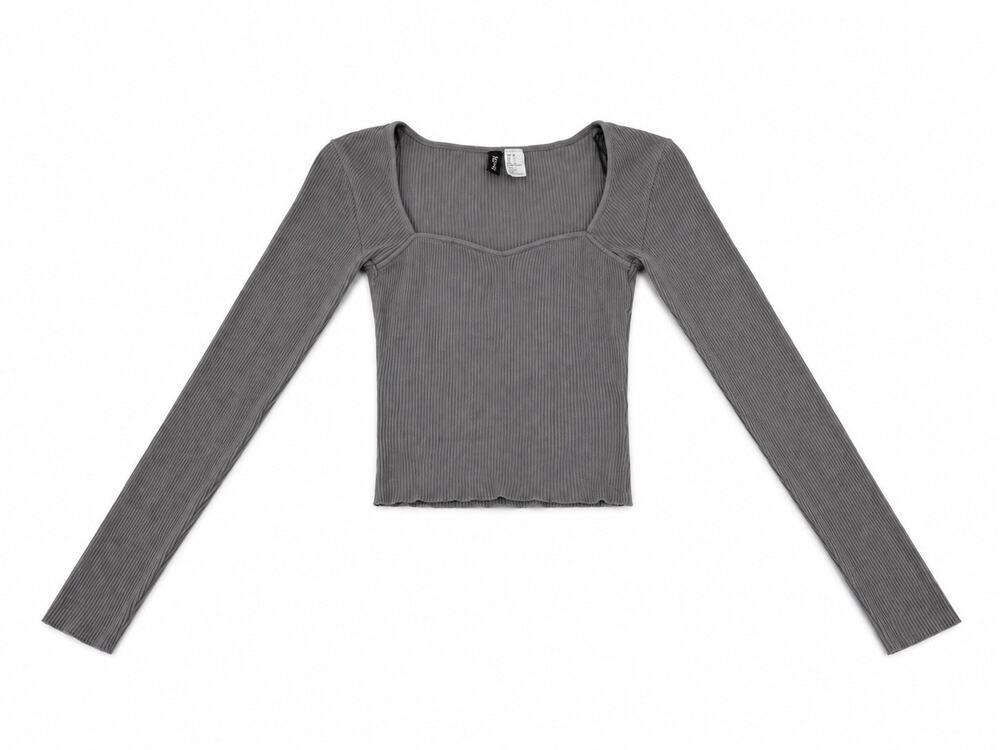 H&M Divided Women’s XS Gray Ribbed Long Sleeve Sweetheart Neck Crop Top